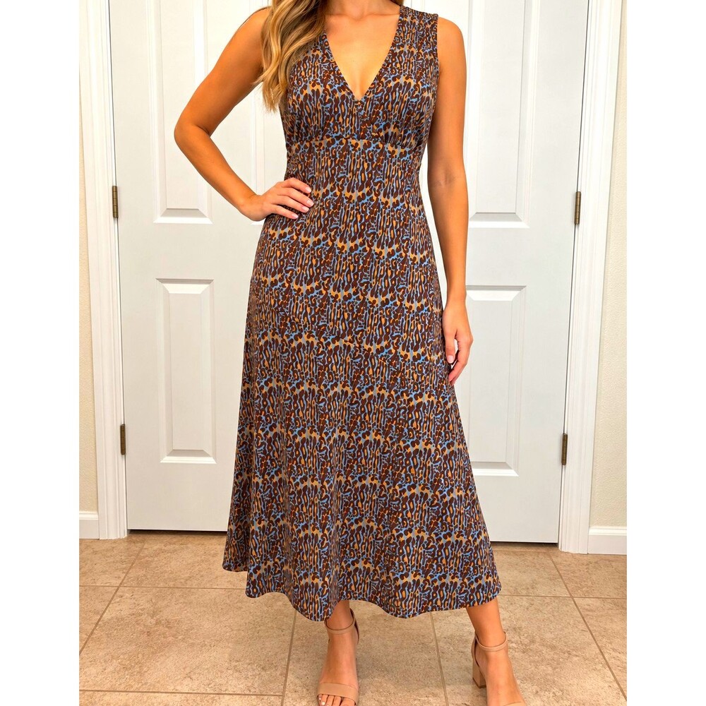 Mossimo Women’s S Blue Brown Leopard Animal Print Sleeveless V Neck Dress